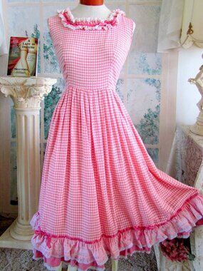 PRAIRIE DRESS, M, PINK SLEEVELESS MAXI COTTAGECORE FESTIVAL COSTUME VINTAGE GOWN